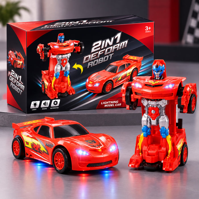 Transforming Race Car Robot Toy – 2-in-1 Musical Light-Up Stunt Car