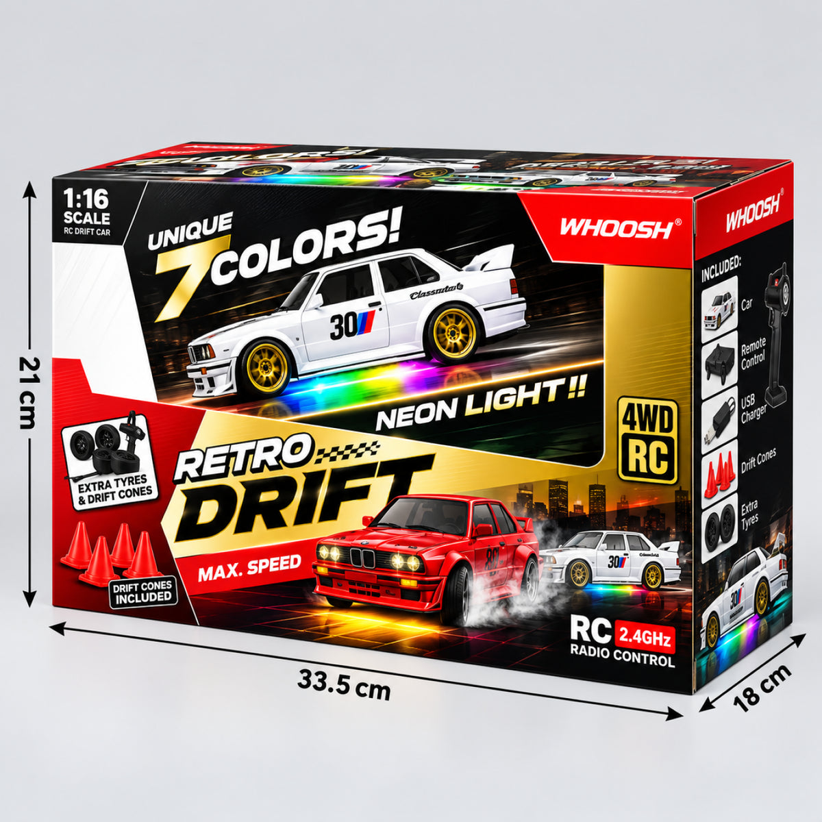 RC Retro Drift Racing Car – 1:16 Scale 4WD Remote Control Sports Car with Neon Lights