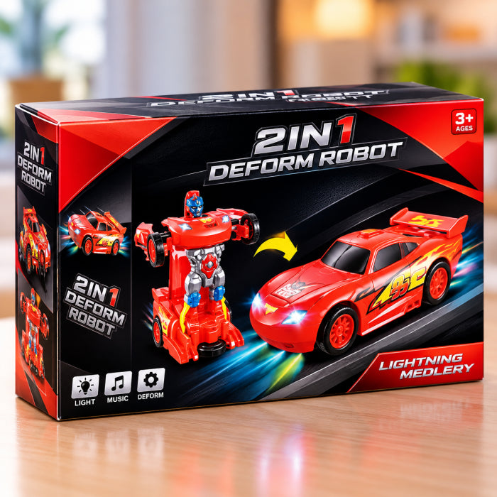 Transforming Race Car Robot Toy – 2-in-1 Musical Light-Up Stunt Car